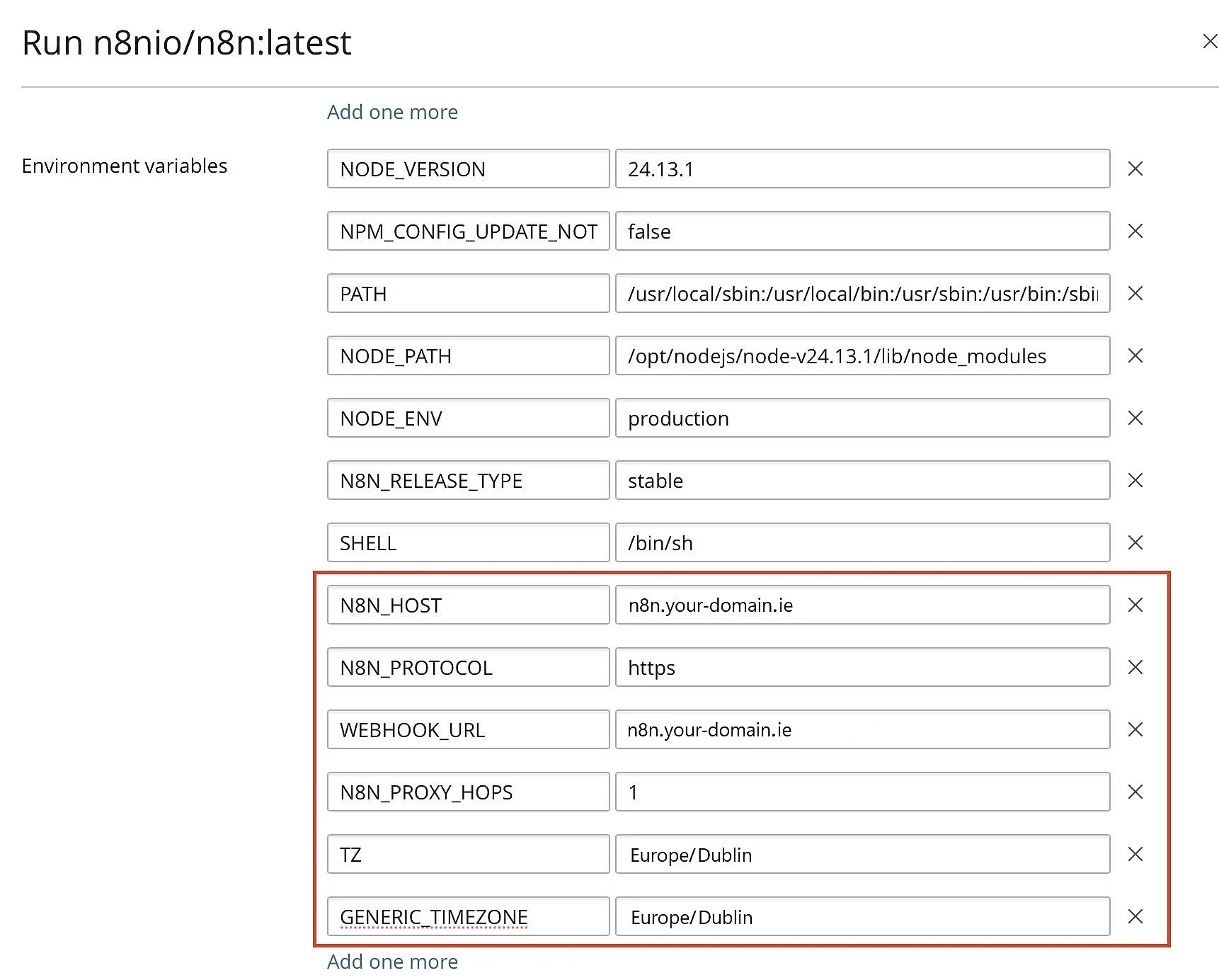Imagen: Plesk: variables de entorno del contenedor de n8n