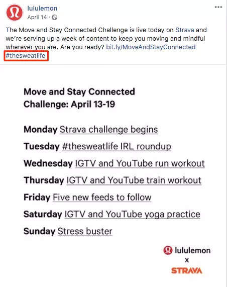 Imagen: Hashtag marketing: cuenta de Facebook de Lululemon.