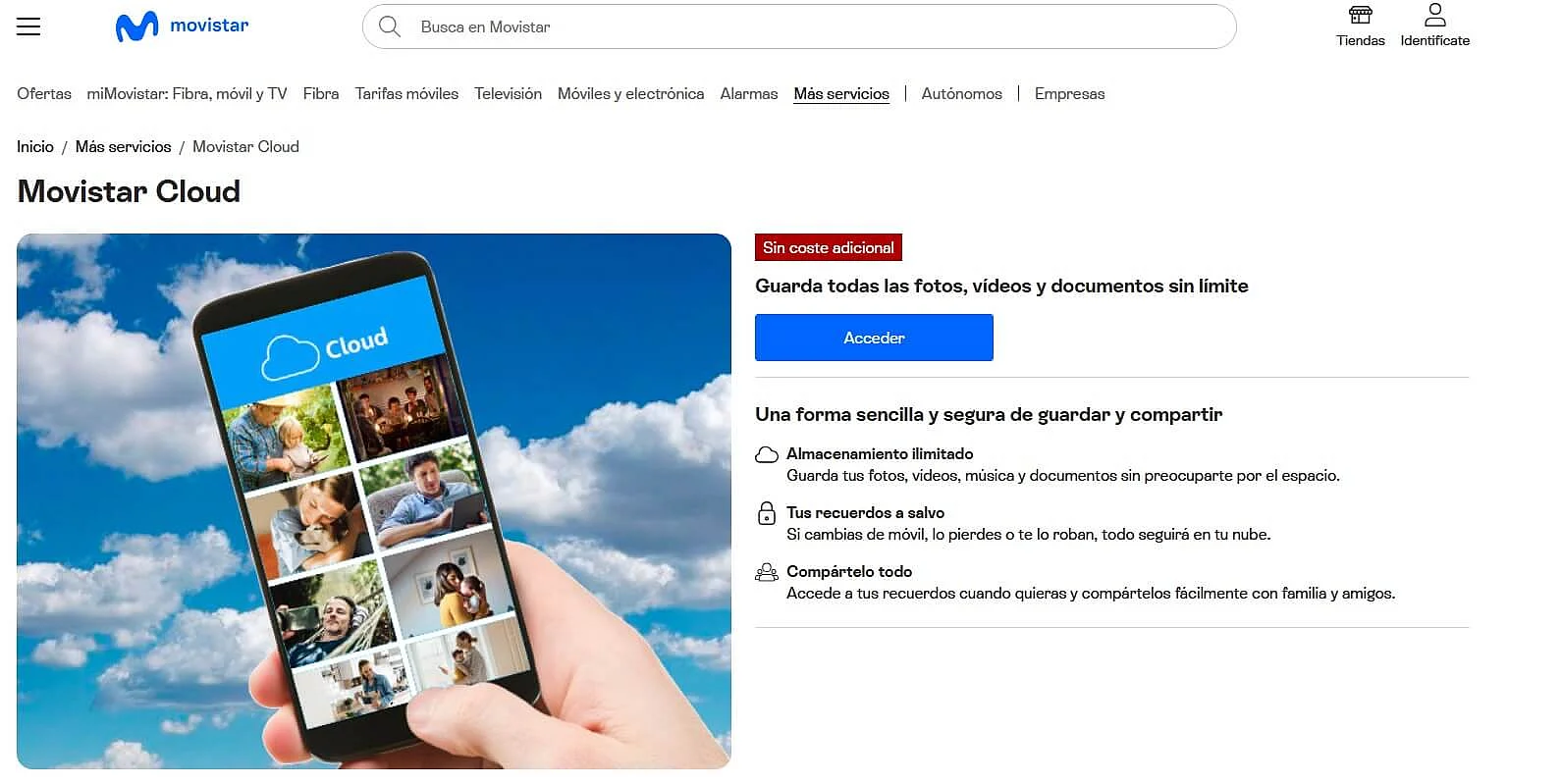 Imagen: Página de inicio de Movistar Cloud