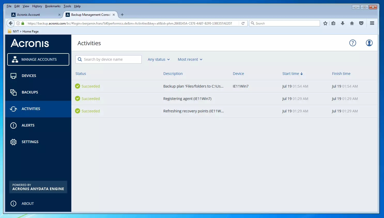 Imagen: Consola de gestión de backup de Acronis Backup 12.5: vista general de las actividades