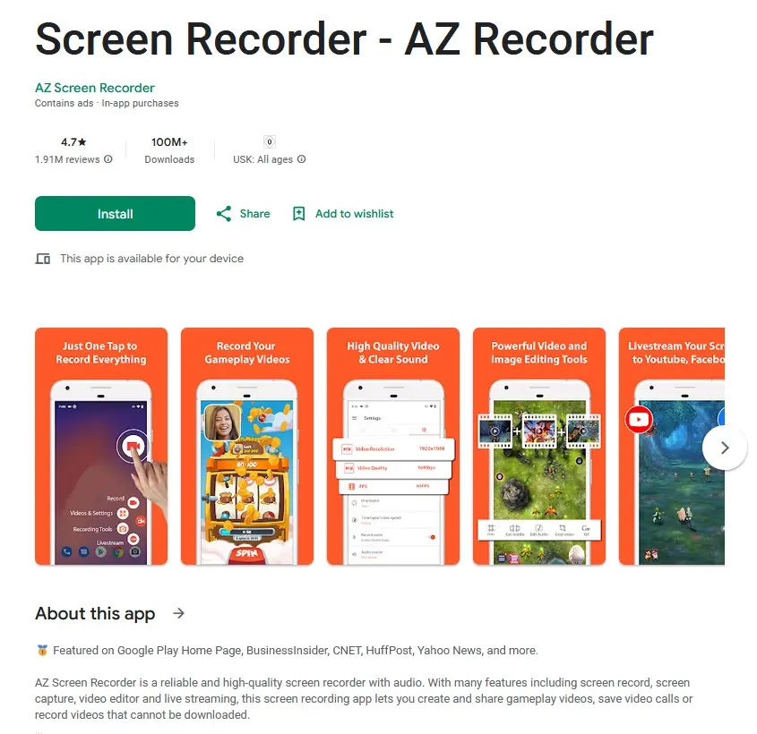 Imagen: App de screenshots AZ Screen Recorder en Google Play Store