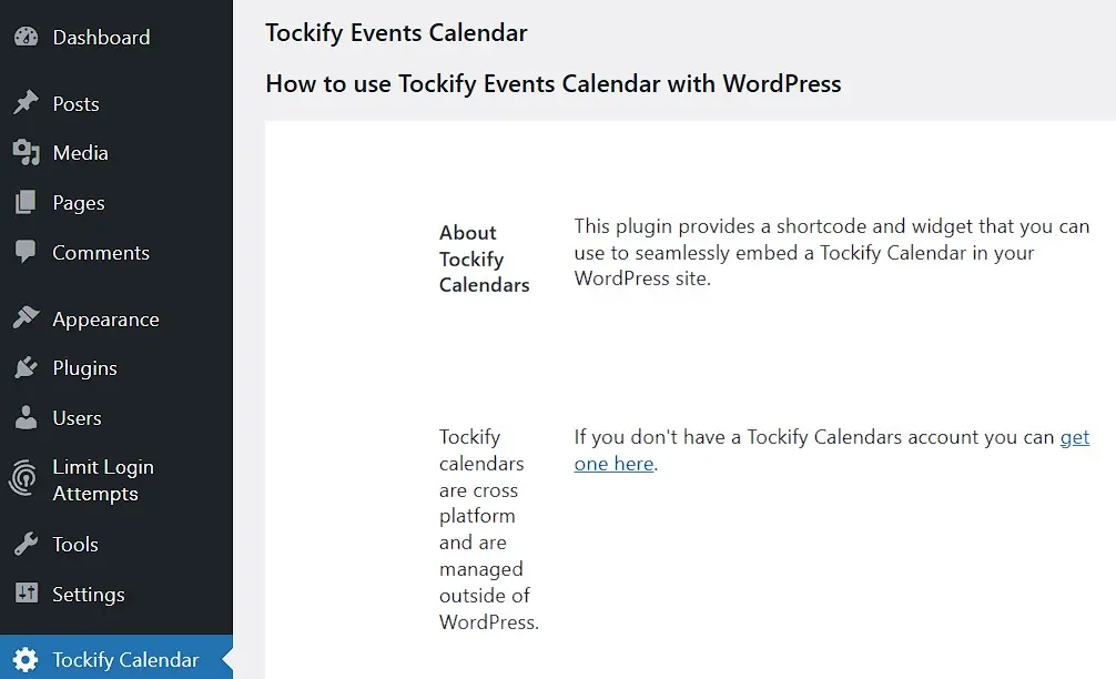 Panel de administración del plugin de calendario de WordPress de Tockify Imagen: Panel de administración del plugin de calendario de WordPress de Tockify
