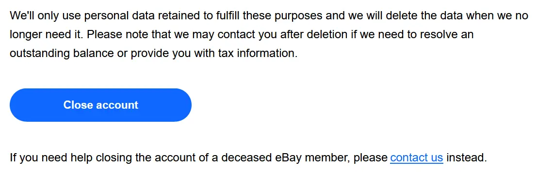 Imagen: Captura de pantalla de la página de ayuda de eBay para cerrar la cuenta