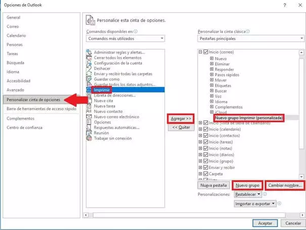 Ventana de las Opciones de Outlook con un submenú de dos columnas