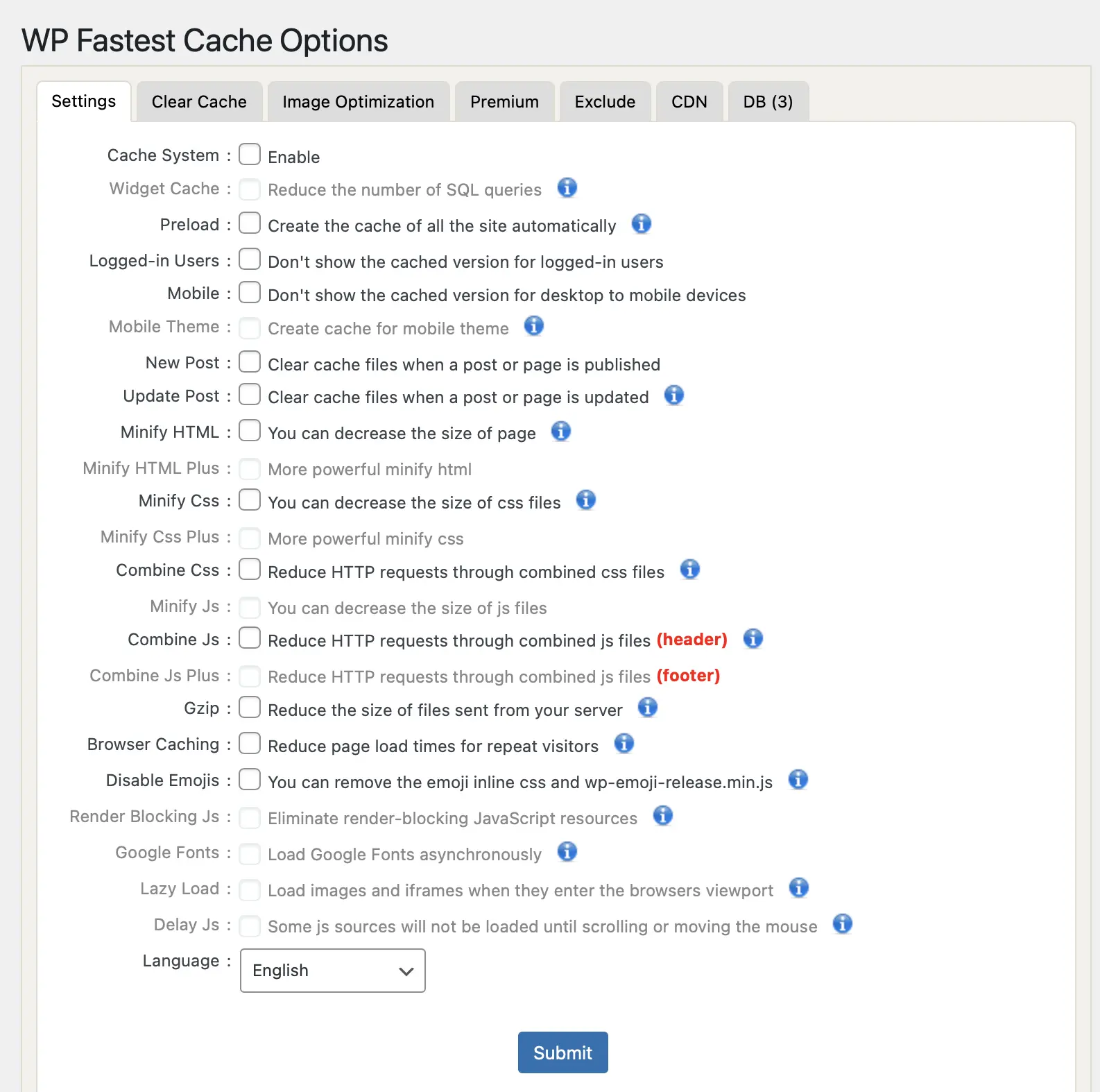 Imagen: Opciones de configuración del plugin de caching WP Fastest Cache en el backend de WordPress