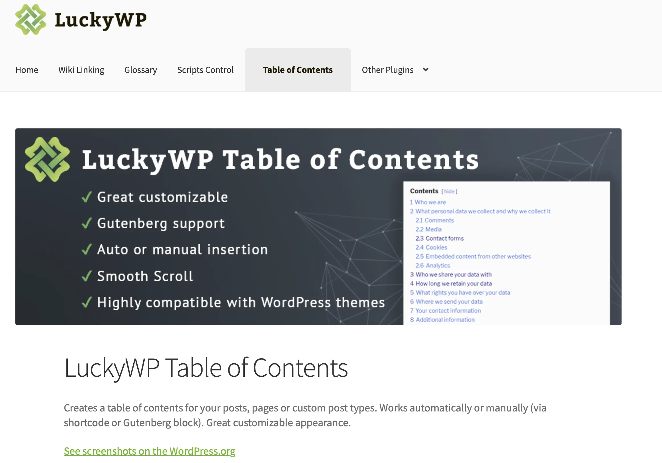 Página informativa de LuckyWP Table of Contents, en la web de su desarrollador Imagen: Página informativa de LuckyWP Table of Contents, en la web de su desarrollador