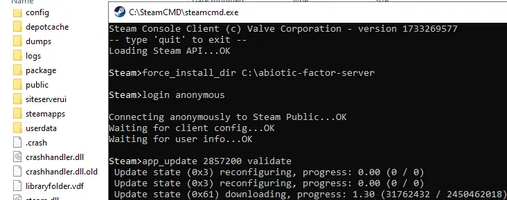 Imagen: Instalación del Abiotic Factor Server en SteamCMD