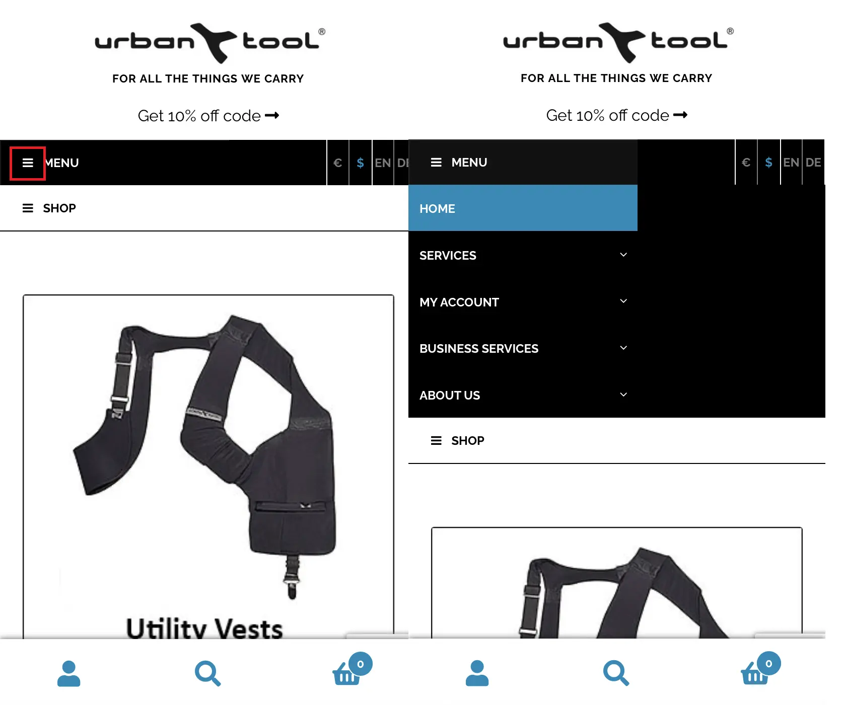 Imagen: Menú deslizante en la página web de Urban Tool