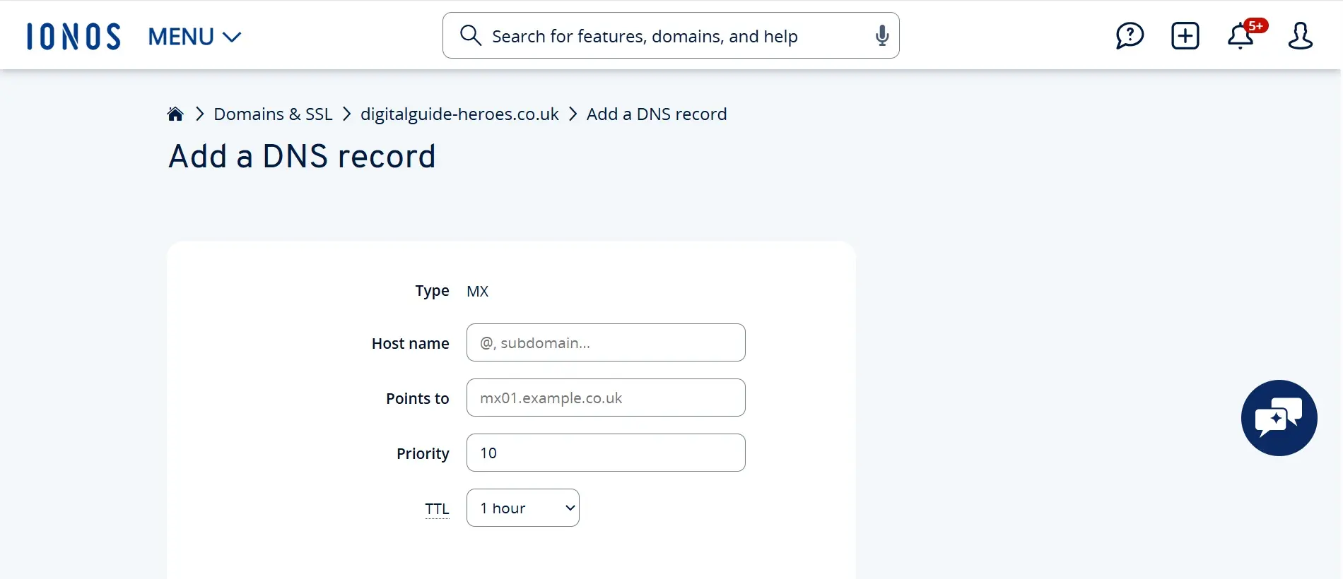 Imagen: Cloud Panel de IONOS: añadir registro DNS Imagen: Imagen: Cloud Panel de IONOS: añadir registro DNS