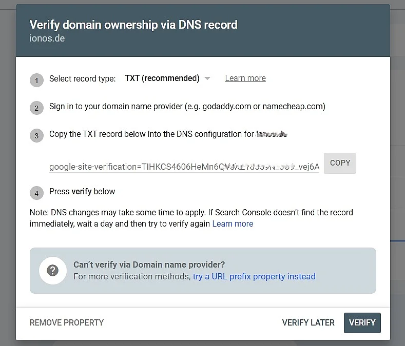 Ventana para confirmar la propiedad del dominio en Google Search Console Imagen: Ventana para confirmar la propiedad del dominio en Google Search Console
