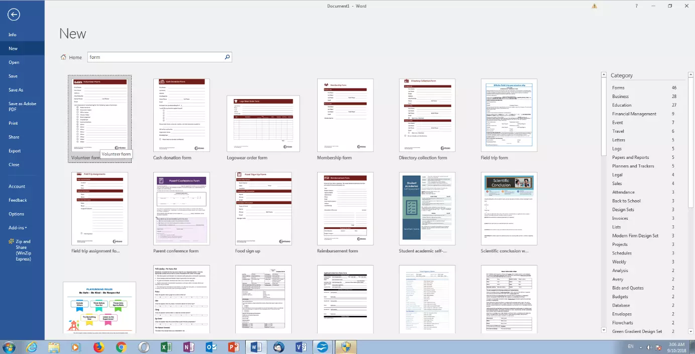 Selección de plantillas de formulario en MS Word