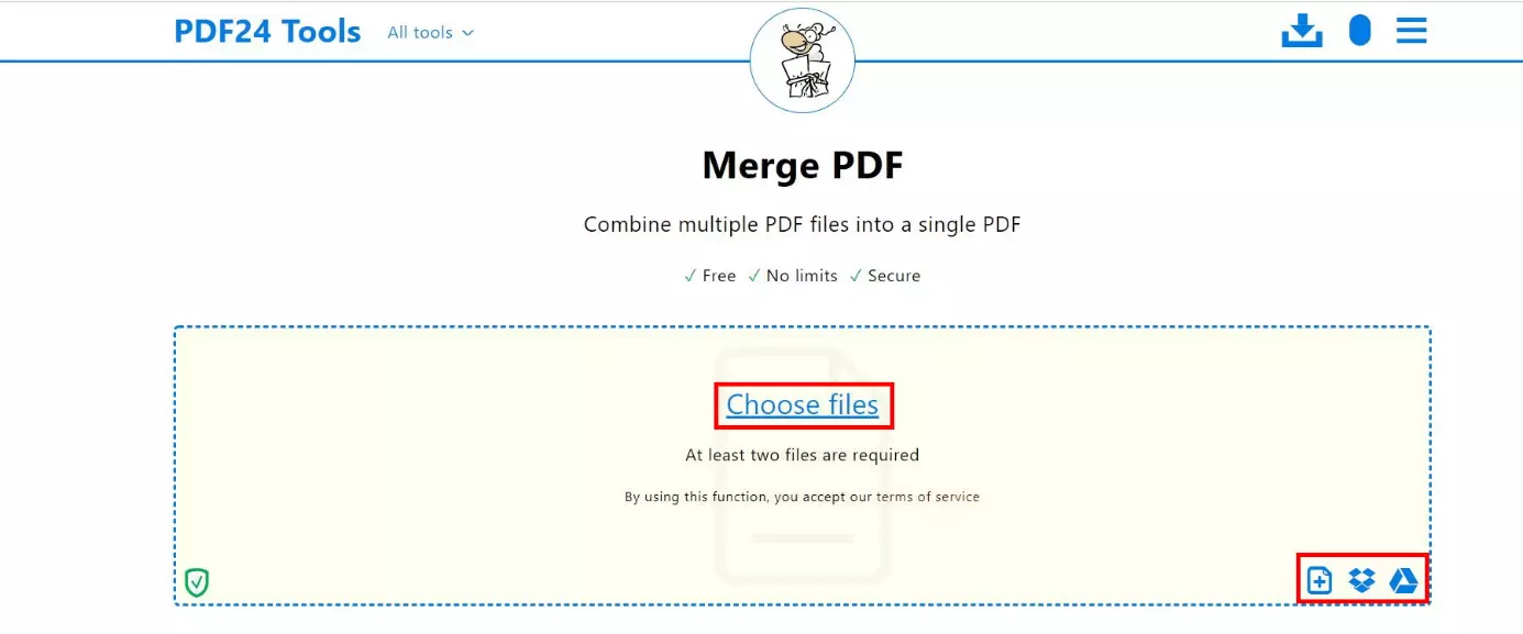 Ventana para unir PDF con PDF24: ventana para cargar archivos