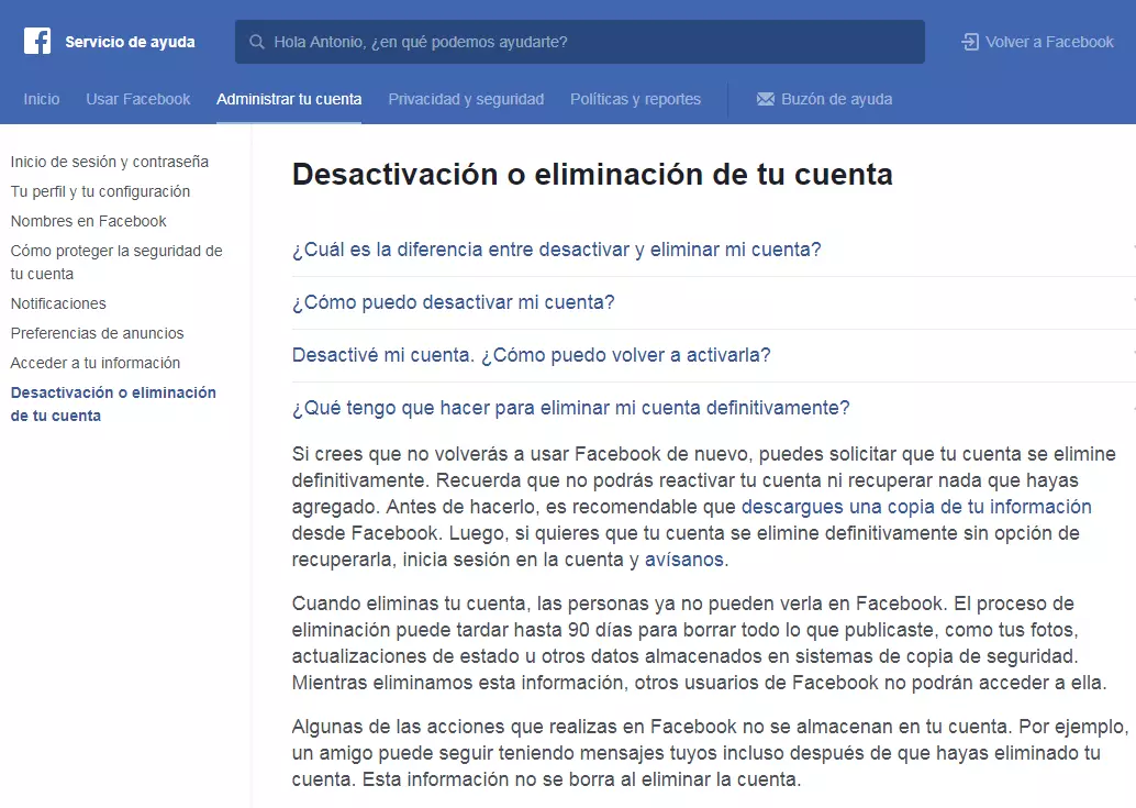 Captura de pantalla del Servicio de ayuda de Facebook