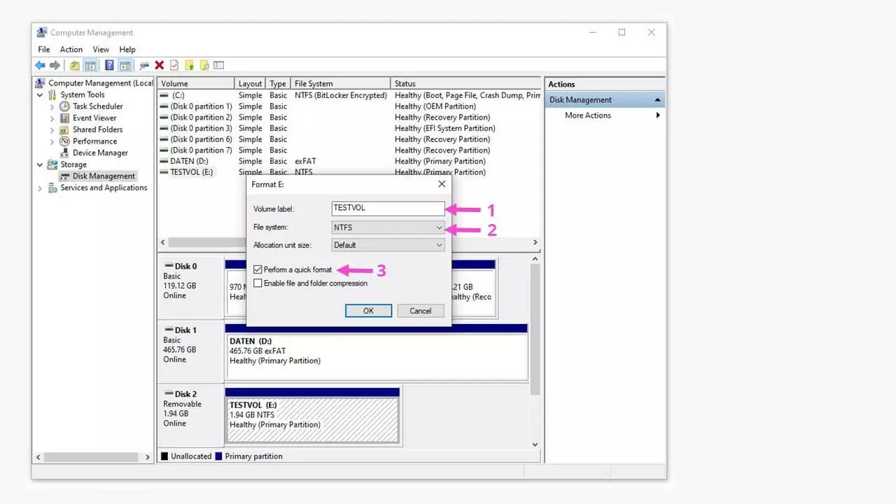Imagen: Ventana para crear el sistema de archivos desde la administración de discos