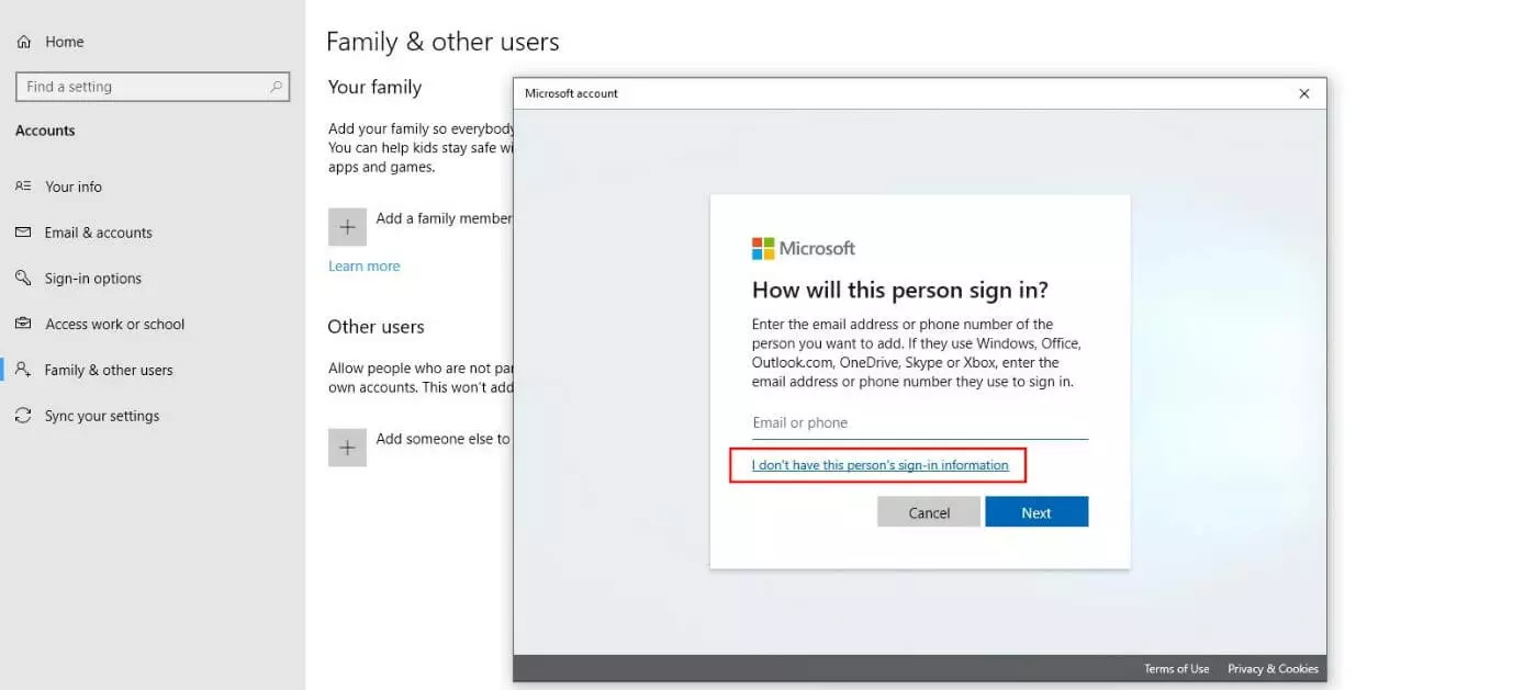 Imagen: Cuadro de diálogo de Microsoft “¿Cómo iniciará sesión esta persona?”