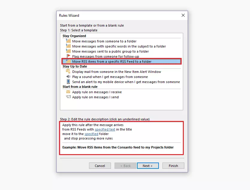Asistente para reglas de Outlook: selección de plantilla de reglas