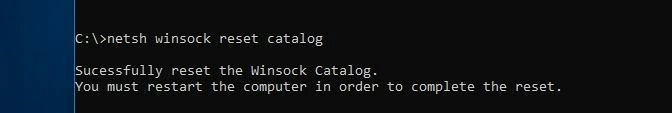 Línea de comandos de Windows 10: reinicio del catálogo de Winsock