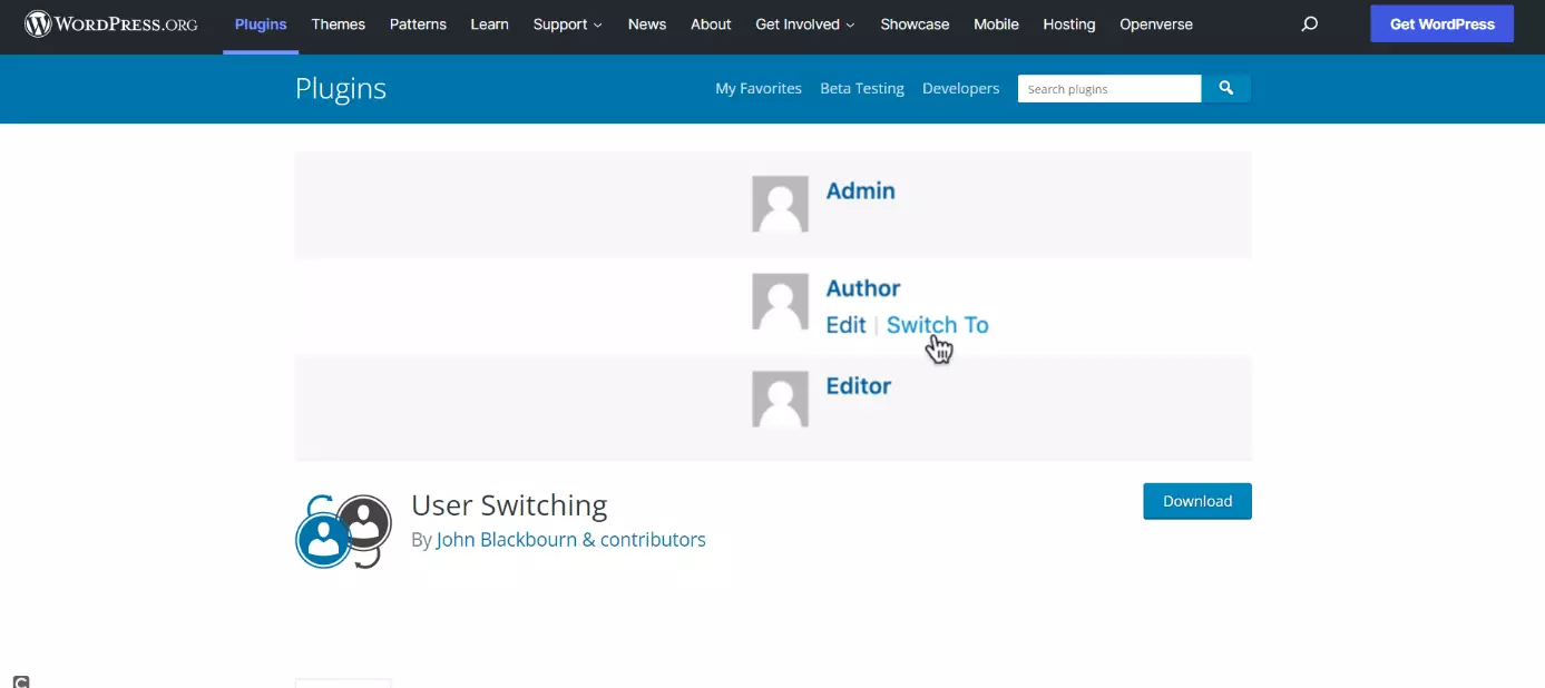 Imagen: Página de inicio del plugin de WordPress User Switching