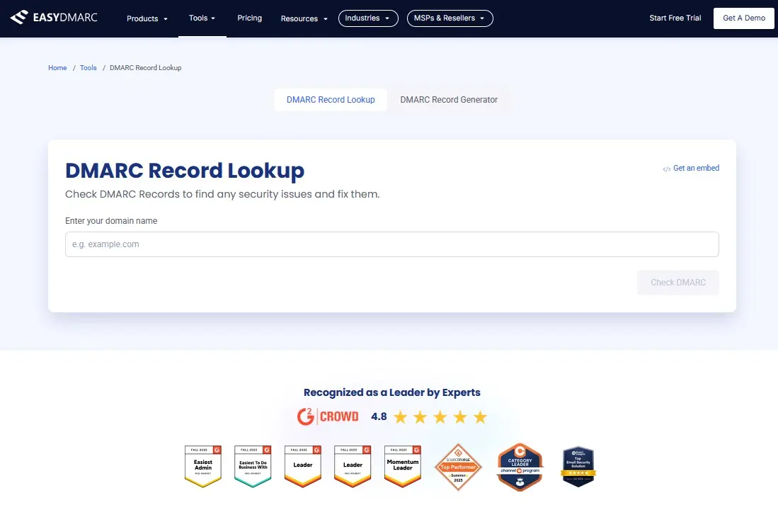 Imagen: Captura de pantalla de la herramienta de búsqueda de registros DMARC Record Tool de easydmarc.com
