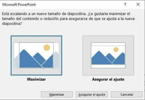 Imagen: Cuadro de diálogo: escalar a un nuevo tamaño de diapositiva