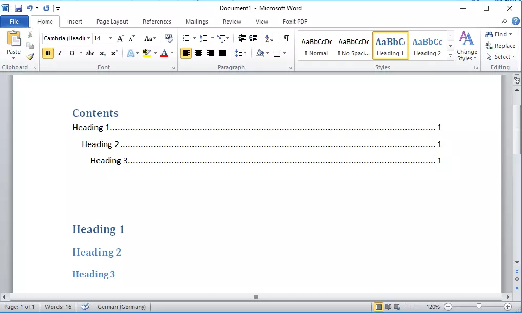 Imagen: Word 2016: índice con el formato “Tabla de contenido automática 1”