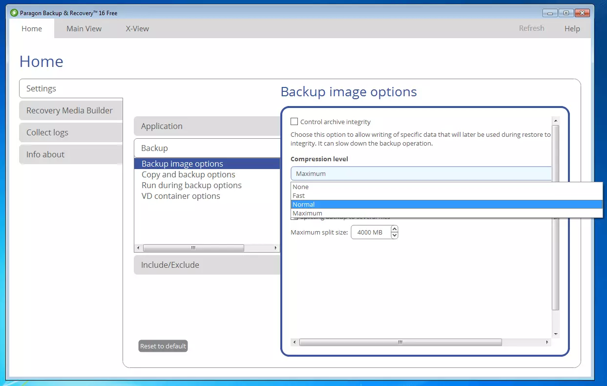 Imagen: Paragon Backup & Recovery 16 Free: opciones de compresión
