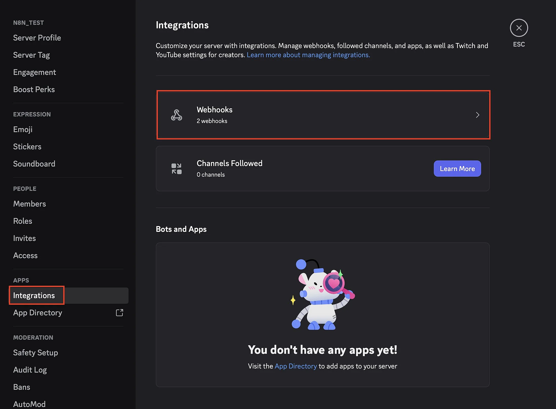 Configuración del servidor de Discord: integraciones Imagen: Configuración del servidor de Discord: integraciones