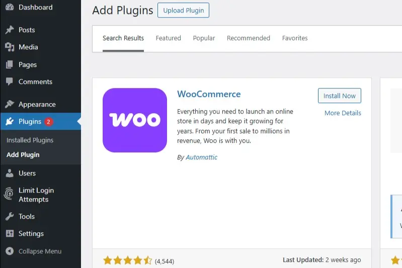 Plugin WooCommerce en la lista de plugins disponibles de WordPress Imagen: Plugin WooCommerce en la lista de plugins disponibles de WordPress