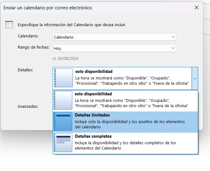 Outlook: selección del nivel de detalle en el cuadro de diálogo “Enviar un calendario por correo electrónico” Imagen: Outlook: selección del nivel de detalle en el cuadro de diálogo “Enviar un calendario por correo electrónico”