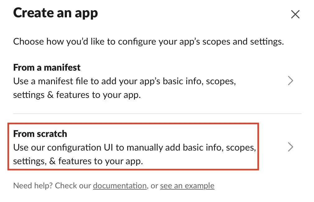 Crear una app con configuración manual en Slack Imagen: Crear una app con configuración manual en Slack