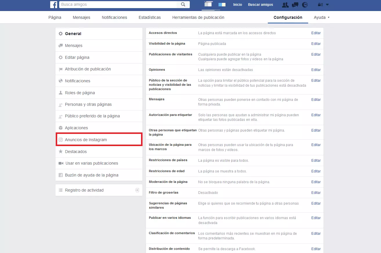 Imagen: En la opción “General” en la página de Facebook para empresas se encuentra la opción “Anuncios de Instagram”