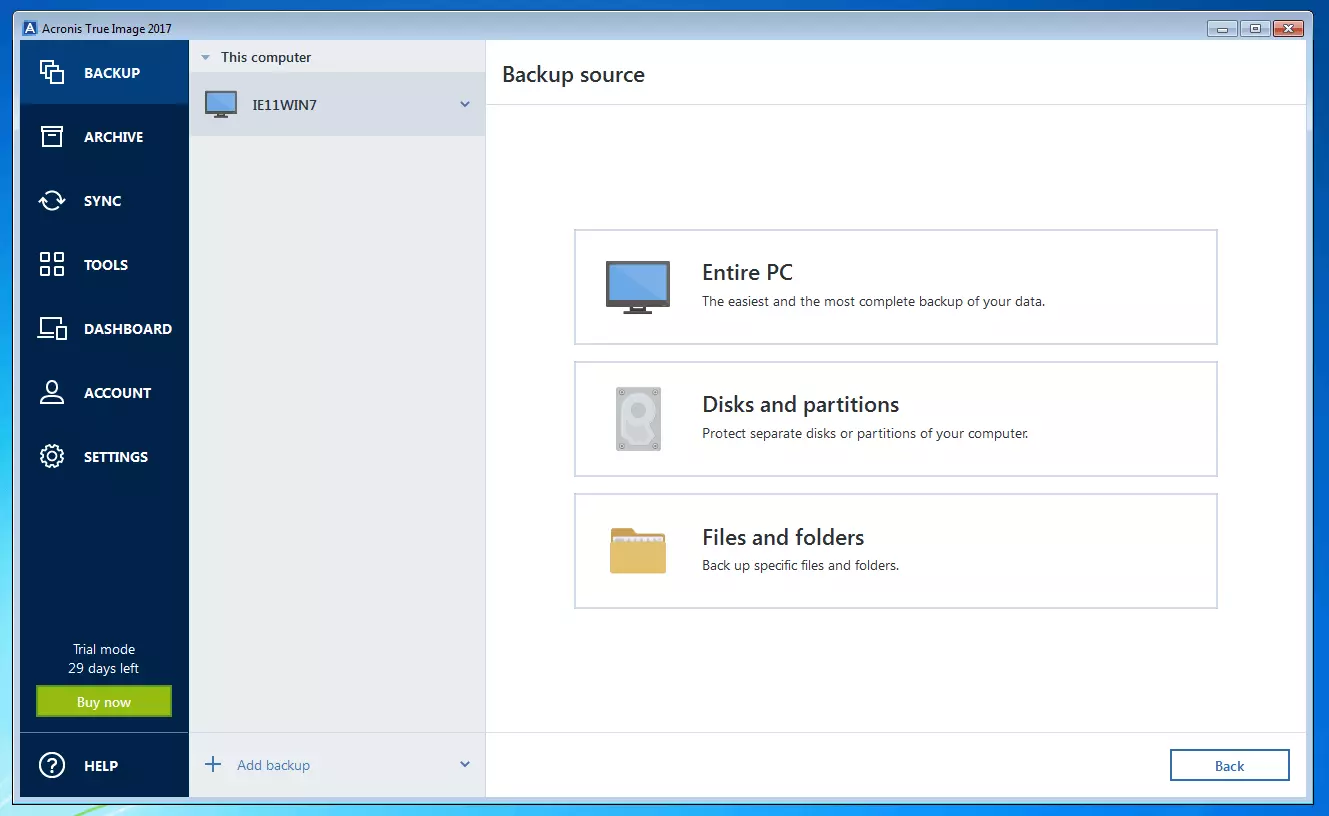 Imagen: Acronis True Image 2017: menú para seleccionar la fuente de datos