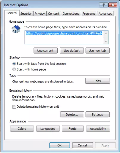 Imagen: La ventana “Opciones de Internet” (“Internet Options”) para limpiar la caché
