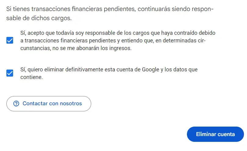 Imagen: Formulario de confirmación para la eliminación de la cuenta de Google