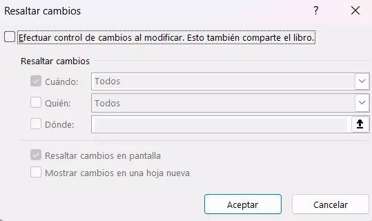 Cuadro de diálogo Resaltar cambios Cuadro de diálogo Resaltar cambios