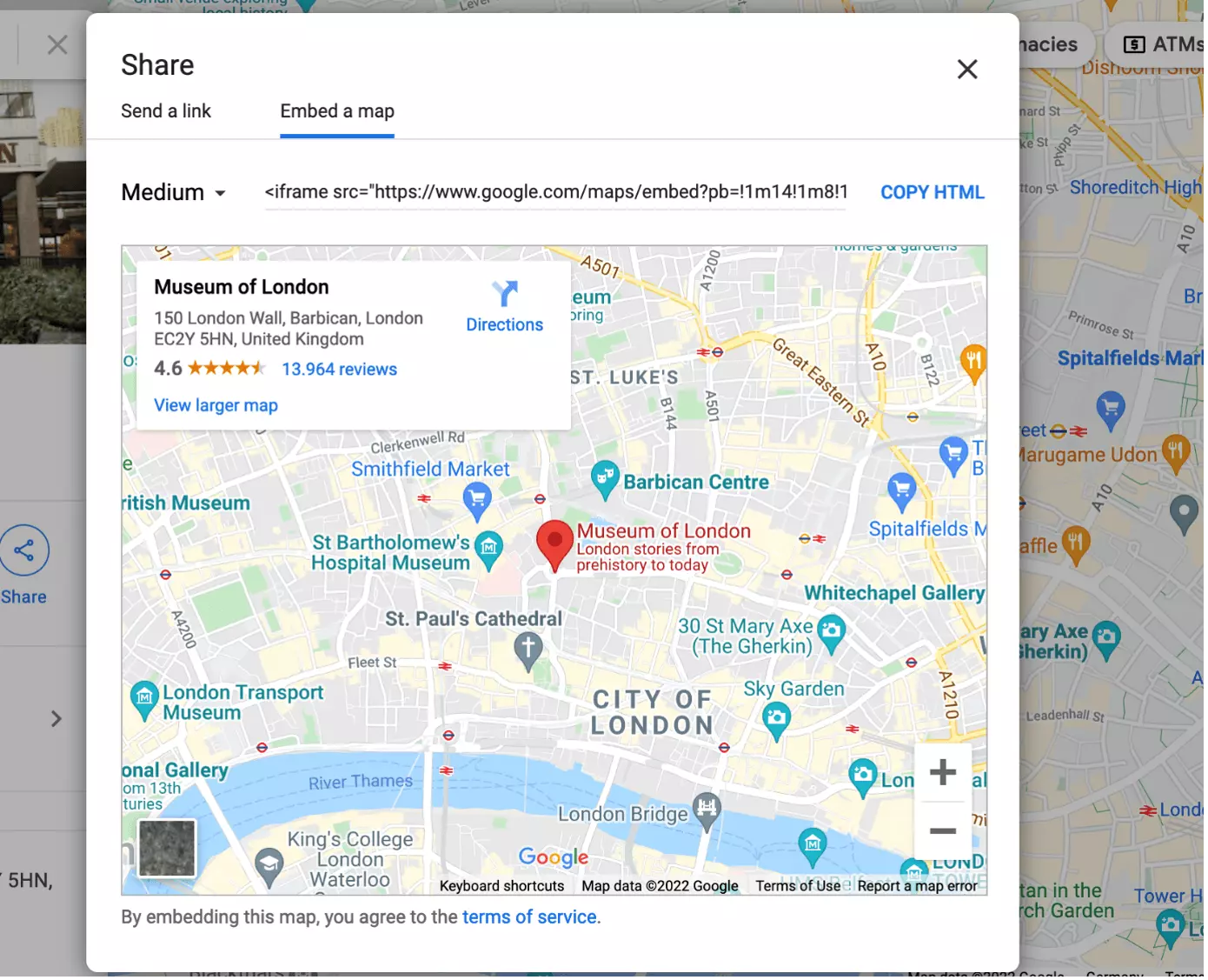 Captura de pantalla de la opción “Embed a map” en Google Maps