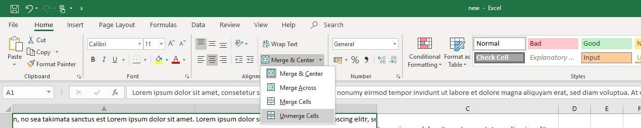 Imagen: Opciones de selección en el menú Excel “Combinar y centrar”