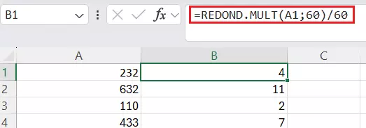 Tabla de Excel con redondeo a un múltiplo utilizando la función REDOND.MULT Tabla de Excel con redondeo a un múltiplo utilizando la función REDOND.MULT