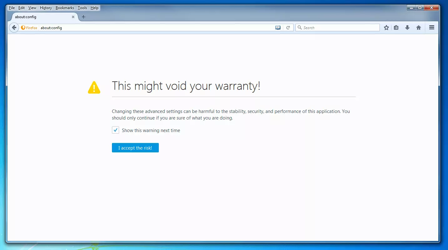 Imagen: Advertencia de seguridad Firefox: “This might void your warranty”/“¡Esto puede cancelar su garantía!”