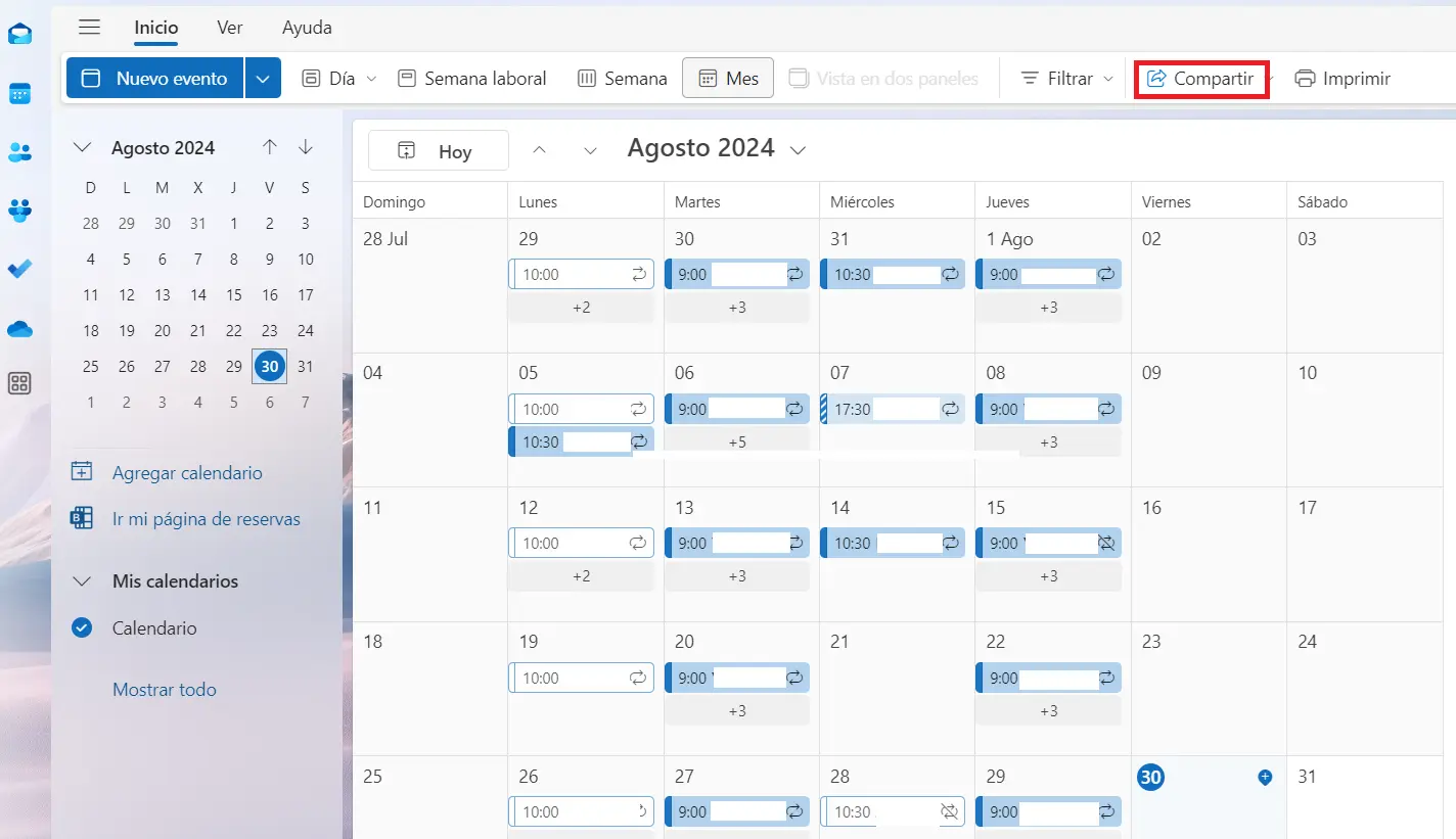 Outlook Web: Barra de iconos de la vista de calendario Imagen: Outlook Web: Barra de iconos de la vista de calendario