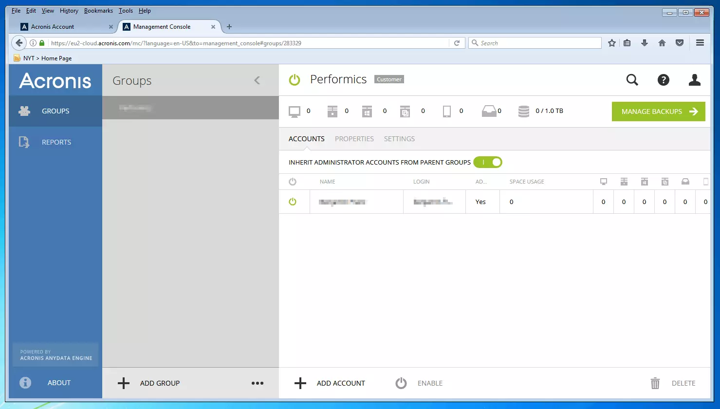 Imagen: Consola de gestión de Acronis Backup 12.5