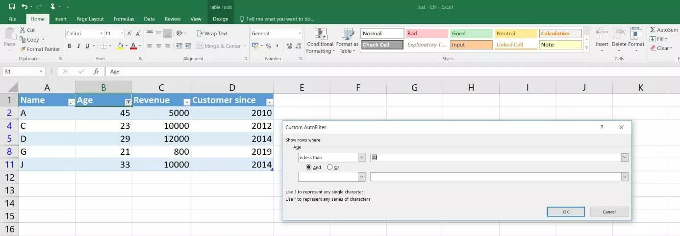 Tabla Excel con filtro definido por el usuario