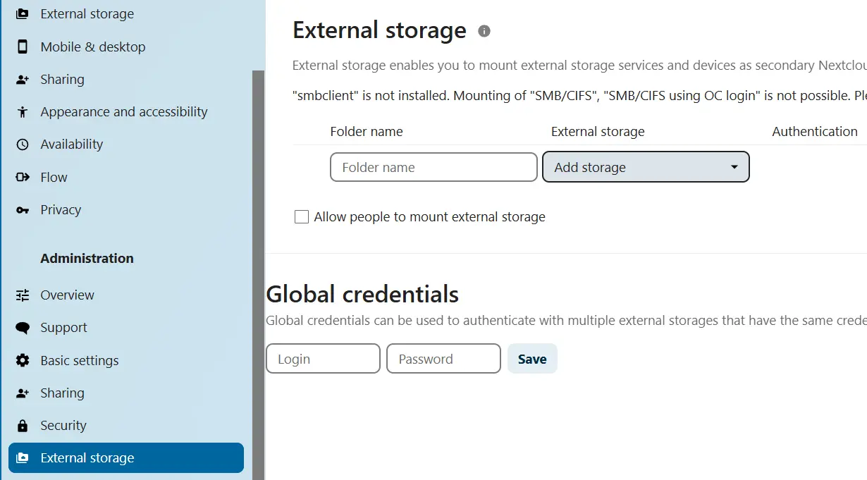 Nextcloud: Menú “Almacenamiento externo” Imagen: Nextcloud: Menú “Almacenamiento externo”