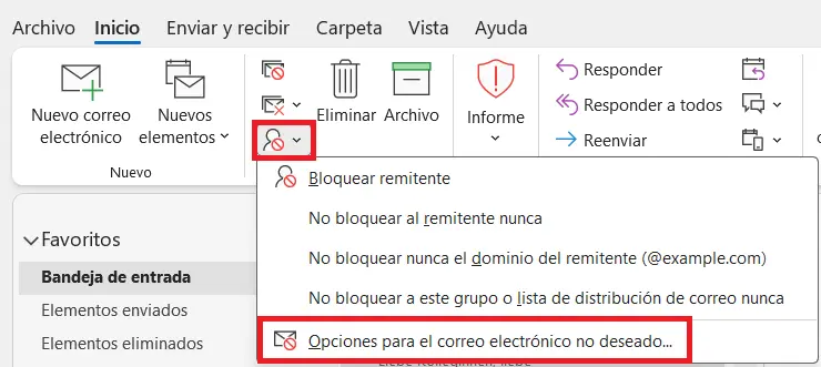 Imagen: Opciones de correo no deseado en la cinta de opciones cl&aacute;sica de Outlook