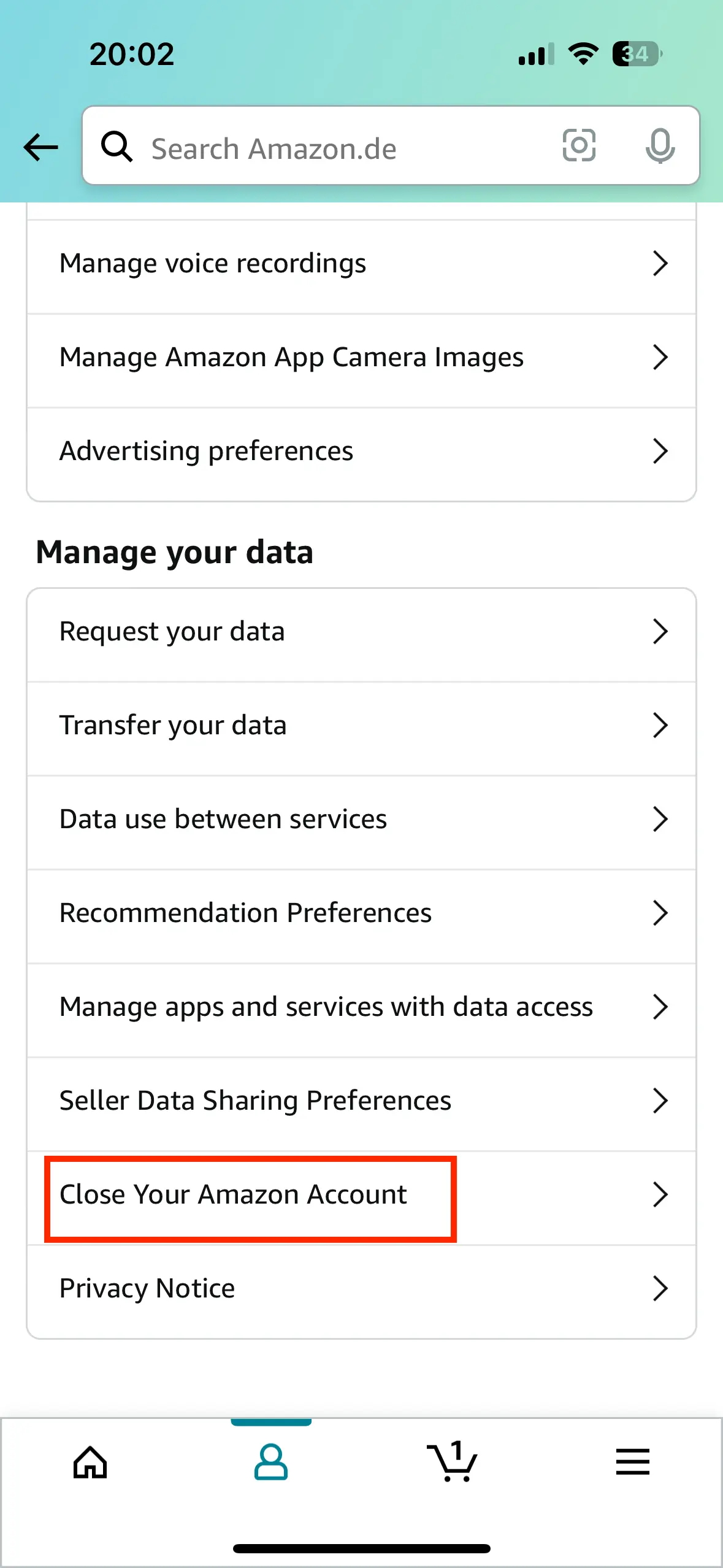 Elimina tu cuenta de Amazon a través de “Gestionar tus datos” en el menú Imagen: Elimina tu cuenta de Amazon a través de “Gestionar tus datos” en el menú