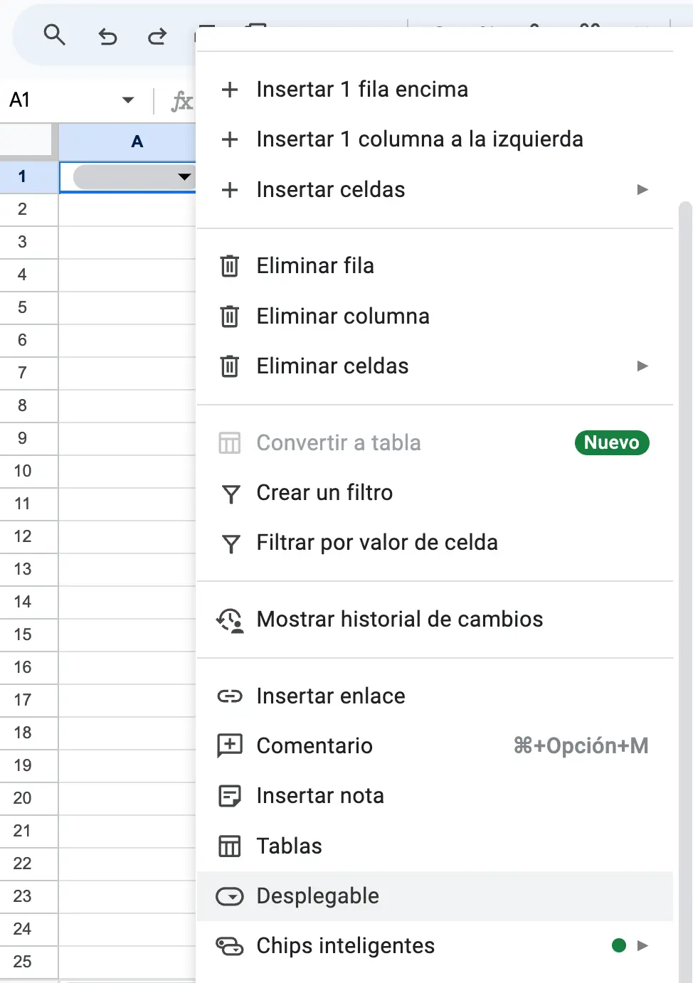 Editar lista desplegable en Google Sheets haciendo clic en el botón derecho Imagen: Editar lista desplegable en Google Sheets haciendo clic en el botón derecho
