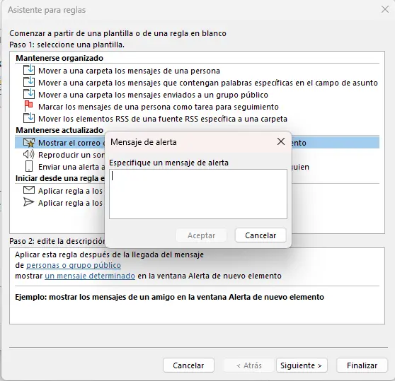 Asistente para reglas de Outlook: cuadro de diálogo para el mensaje de alerta Imagen: Asistente para reglas de Outlook: cuadro de diálogo para el mensaje de alerta