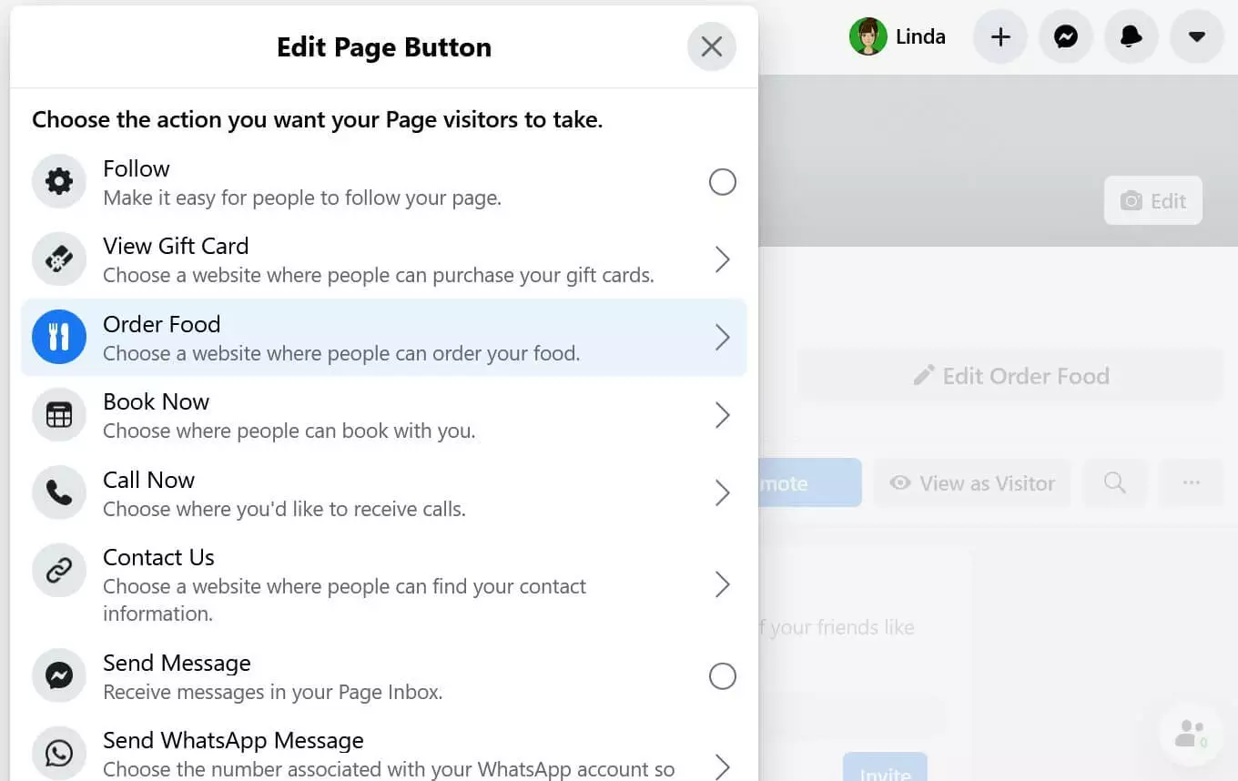 Imagen: Edición del botón para hacer pedidos en Facebook