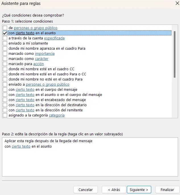 Asistente de reglas de Outlook: elegir una condición Imagen: Asistente de reglas de Outlook: elegir una condición