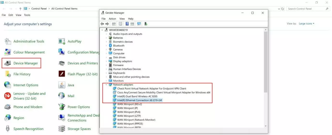 Imagen: Windows 10: Administrador de dispositivos con la lista desplegada de los “Adaptadores de red”.